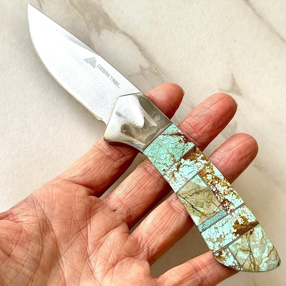 Native Amer Navajo Hunting Knife Number 8 Turquoise Francisco Drop Point Mosaic2